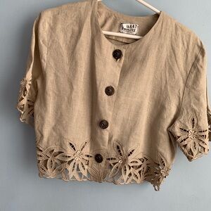 ROSA Linen Wheat Cardigan Jacket Top Women’s S/M S Lace Borders Sh Sleeves Hem